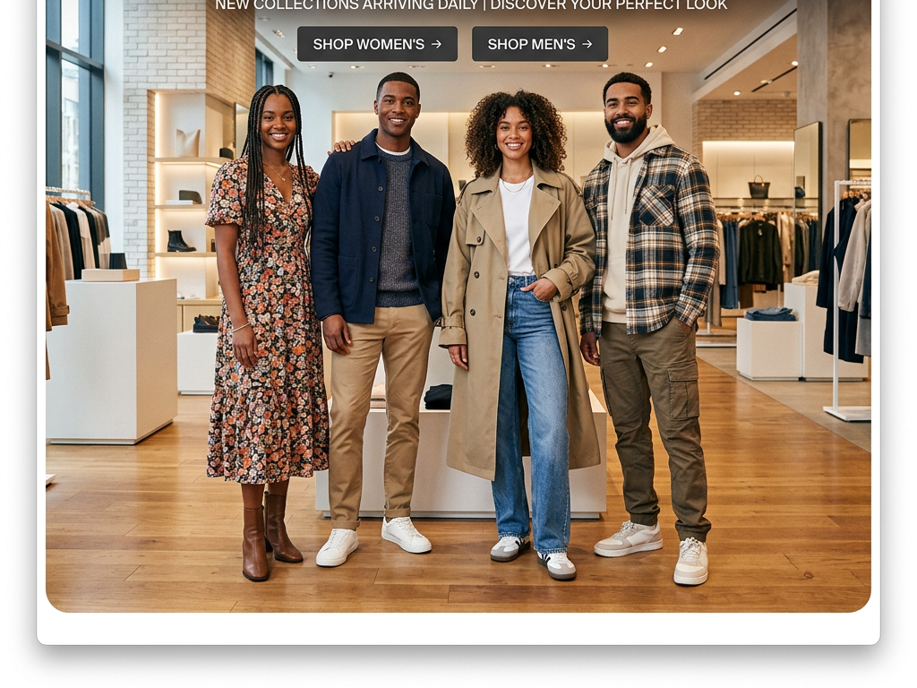 Four diverse models posing in stylish seasonal outfits inside a contemporary clothing store with wooden floors and modern shelving